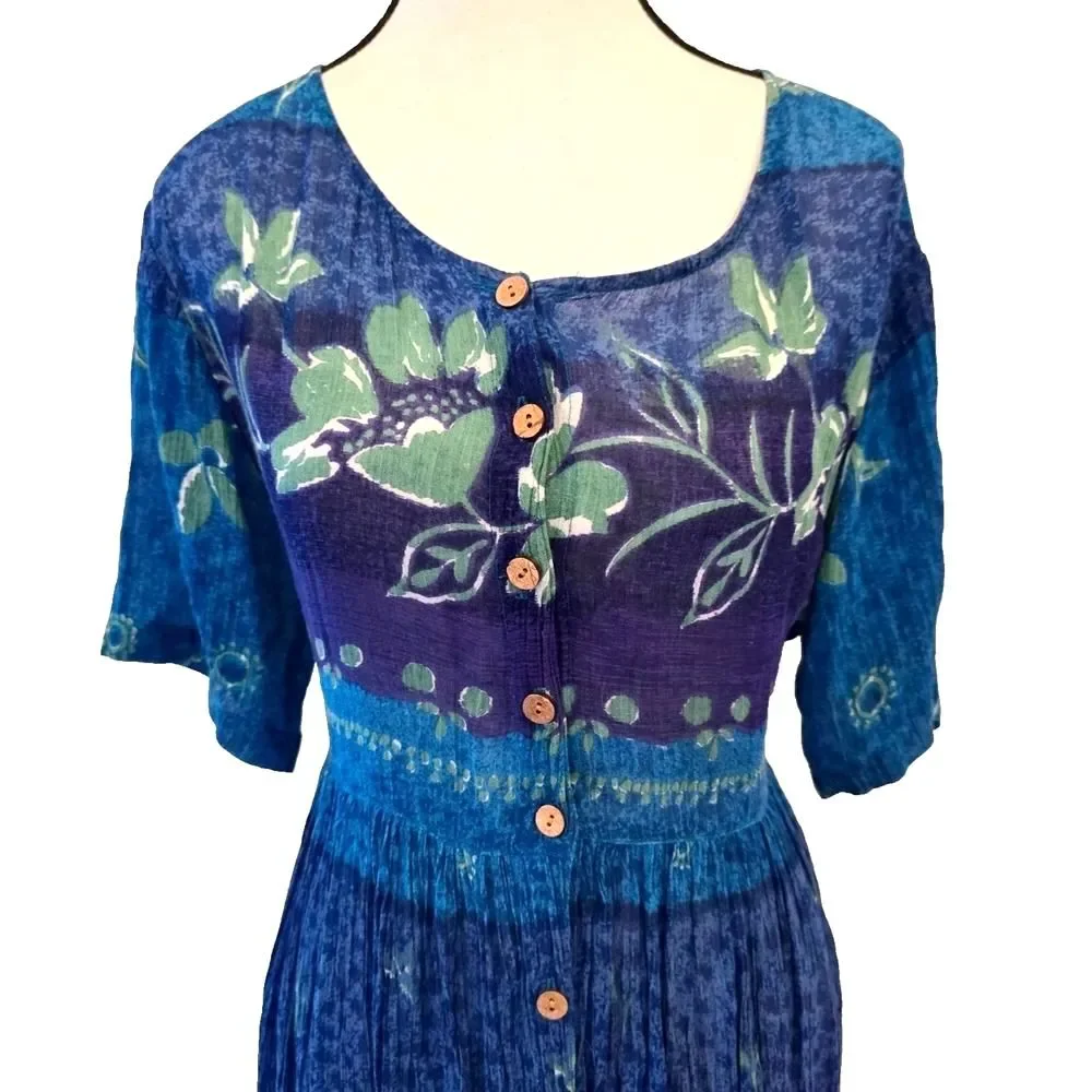 Vintage 1990s Jasmine KVM Maxi Dress Womens M Blue Batik Floral Button Front 90s